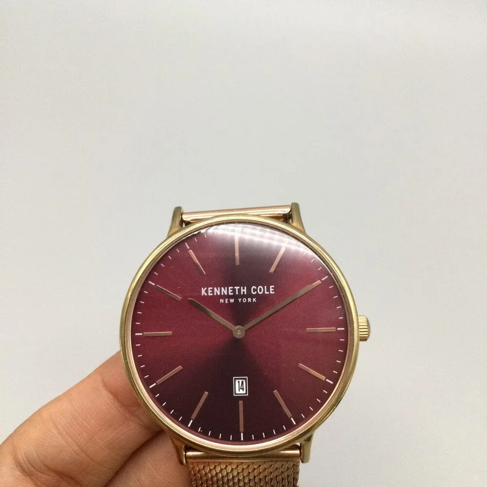 Kenneth Cole Mens Watch 41mm Red Dial Gold Tone Mesh Stainless Date New Battery